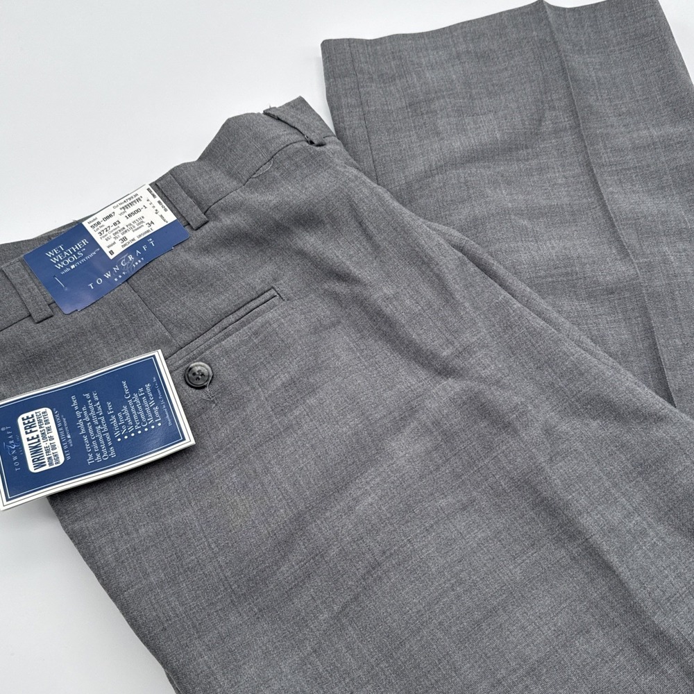 Towncraft Wet‎ Weather Wool Blend Dress Pants Mens 36 X 34 Gray Wrinkle Free NEW